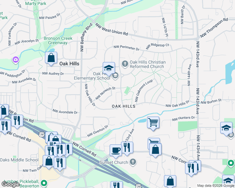 map of restaurants, bars, coffee shops, grocery stores, and more near 2449 Northwest 153rd Avenue in Beaverton