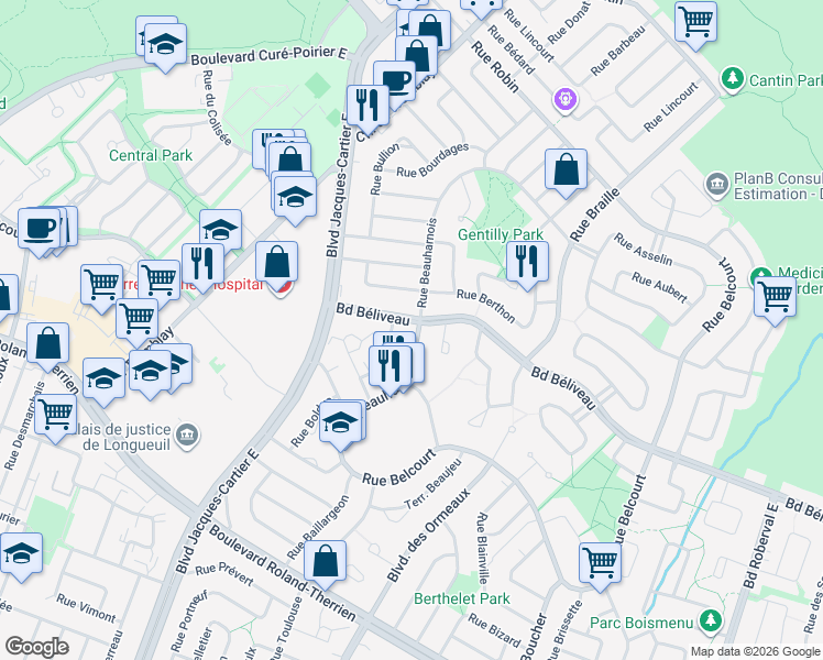 map of restaurants, bars, coffee shops, grocery stores, and more near 1455 Rue Beauharnois in Longueuil