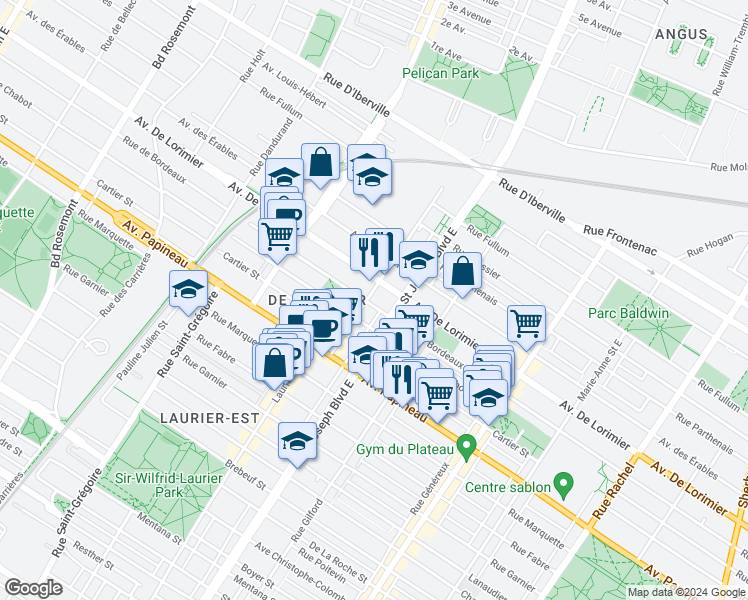 map of restaurants, bars, coffee shops, grocery stores, and more near 2010 Avenue Laurier Est in Montréal