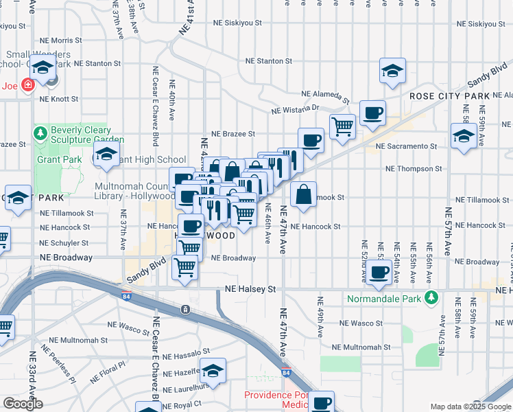 map of restaurants, bars, coffee shops, grocery stores, and more near 1904 Northeast 45th Avenue in Portland