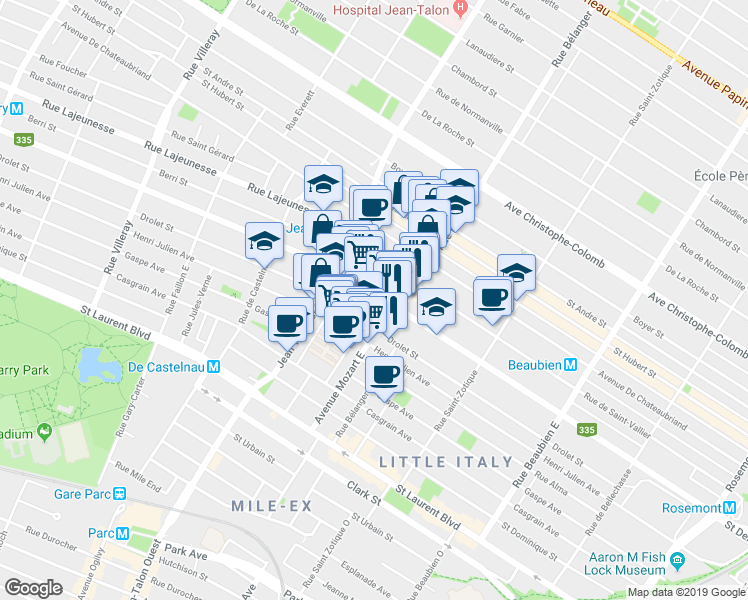 map of restaurants, bars, coffee shops, grocery stores, and more near 7014 Rue Saint-Denis in Montréal