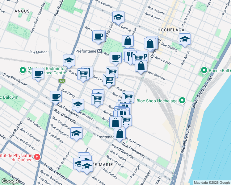 map of restaurants, bars, coffee shops, grocery stores, and more near 2181 Rue Wurtele in Montréal