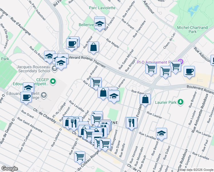 map of restaurants, bars, coffee shops, grocery stores, and more near 572 Rue Saint-Michel in Longueuil