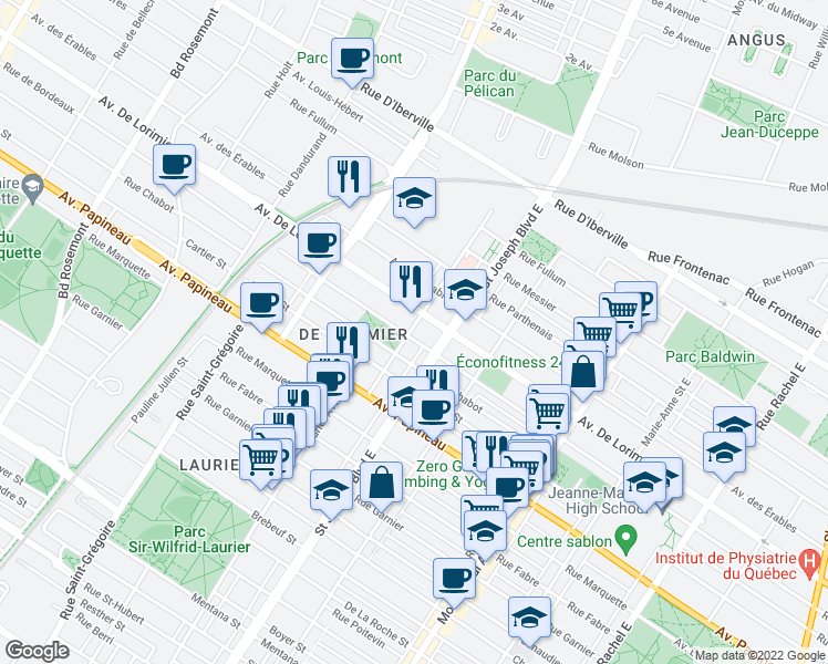 map of restaurants, bars, coffee shops, grocery stores, and more near 2010 Avenue Laurier Est in Montréal
