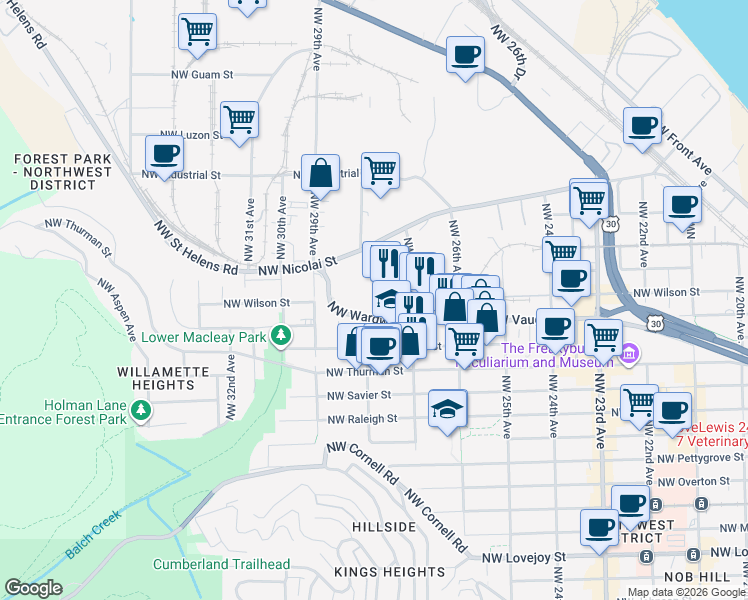 map of restaurants, bars, coffee shops, grocery stores, and more near 2701 Northwest Vaughn Street in Portland