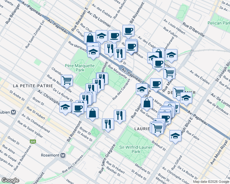 map of restaurants, bars, coffee shops, grocery stores, and more near 5700 Rue Garnier in Montréal