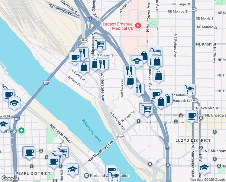 map of restaurants, bars, coffee shops, grocery stores, and more near 650-668 North Tillamook Street in Portland