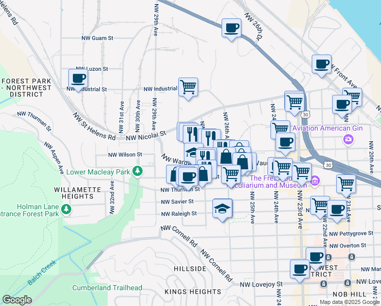 map of restaurants, bars, coffee shops, grocery stores, and more near 2701 Northwest Vaughn Street in Portland