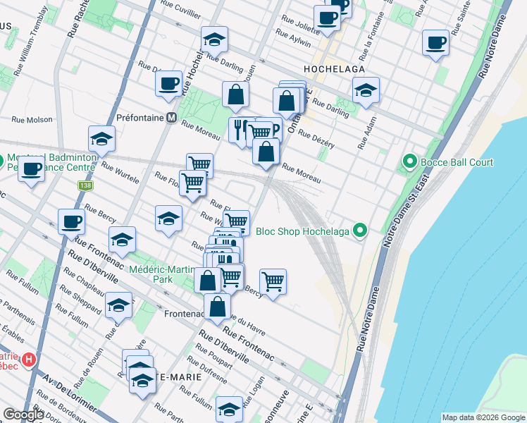 map of restaurants, bars, coffee shops, grocery stores, and more near 2910 Rue Ontario East in Montréal