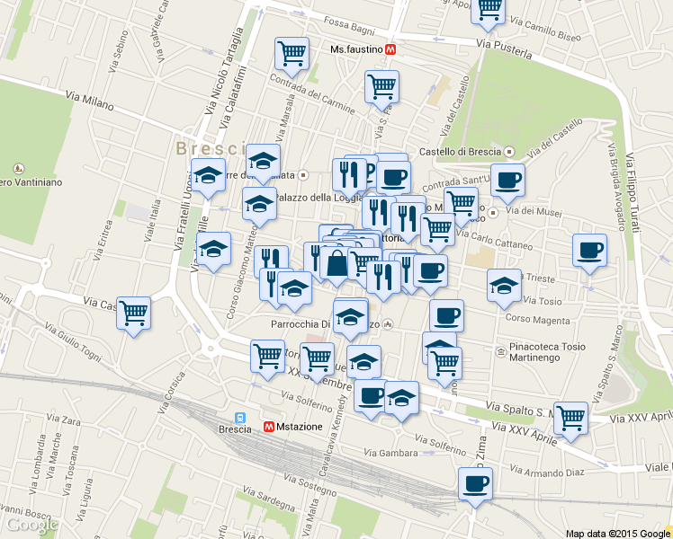 map of restaurants, bars, coffee shops, grocery stores, and more near 1 Vicolo del Carro in Brescia