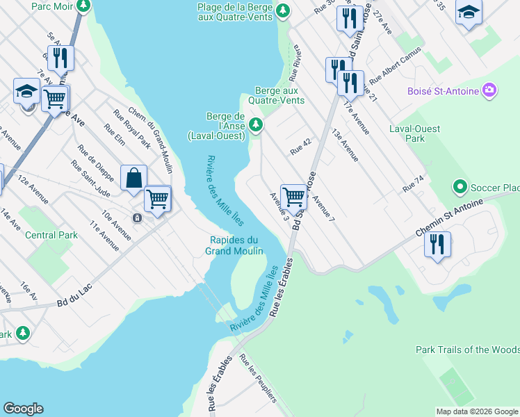 map of restaurants, bars, coffee shops, grocery stores, and more near 4290 1re Av in Laval