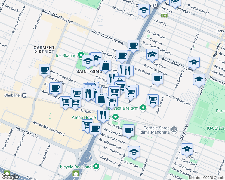 map of restaurants, bars, coffee shops, grocery stores, and more near 8725 Rue Tolhurst in Montreal