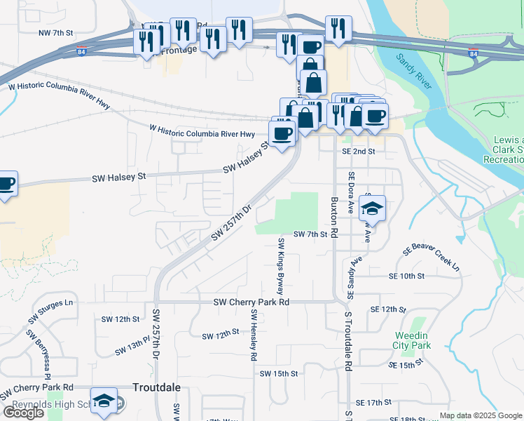 map of restaurants, bars, coffee shops, grocery stores, and more near 496-628 Southwest 257th Drive in Troutdale