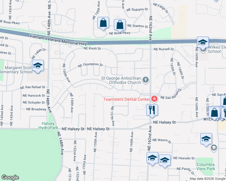map of restaurants, bars, coffee shops, grocery stores, and more near 15729 Northeast Hancock Street in Portland