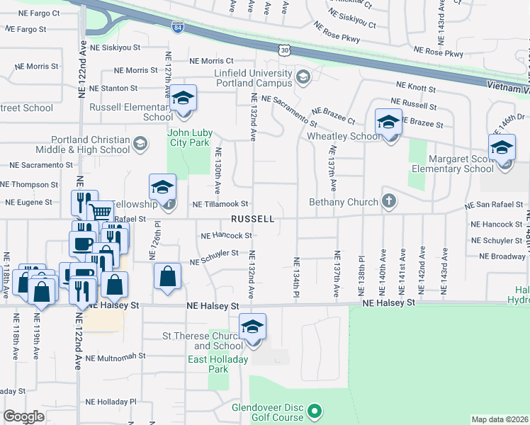 map of restaurants, bars, coffee shops, grocery stores, and more near 13300 Northeast San Rafael Street in Portland