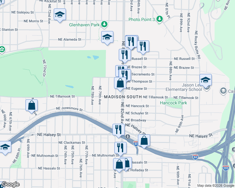 map of restaurants, bars, coffee shops, grocery stores, and more near 8100 Northeast Tillamook Street in Portland