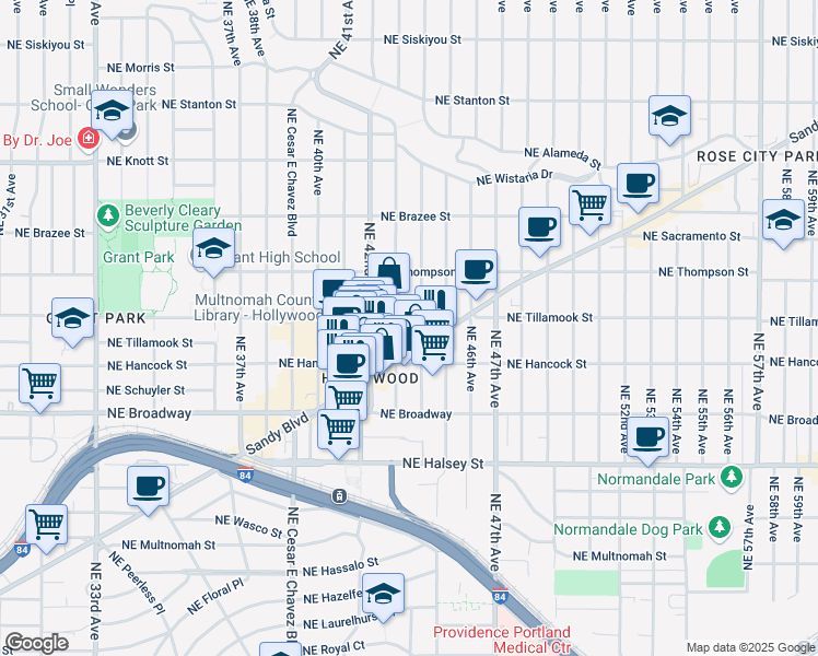 map of restaurants, bars, coffee shops, grocery stores, and more near 4233 Northeast Sandy Boulevard in Portland
