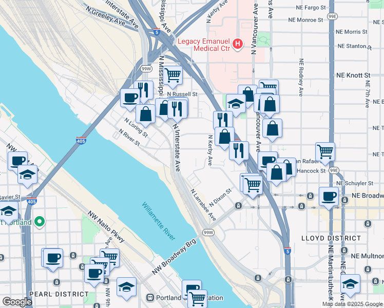 map of restaurants, bars, coffee shops, grocery stores, and more near 650-668 N Tillamook St in Portland