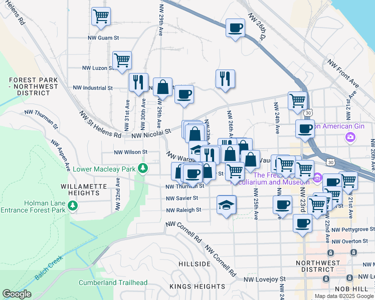 map of restaurants, bars, coffee shops, grocery stores, and more near 2701 Northwest Vaughn Street in Portland