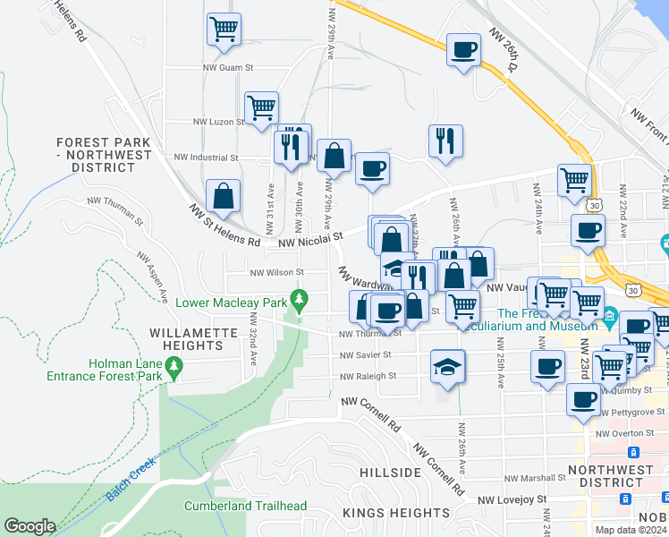 map of restaurants, bars, coffee shops, grocery stores, and more near 2868 Northwest Wardway in Portland