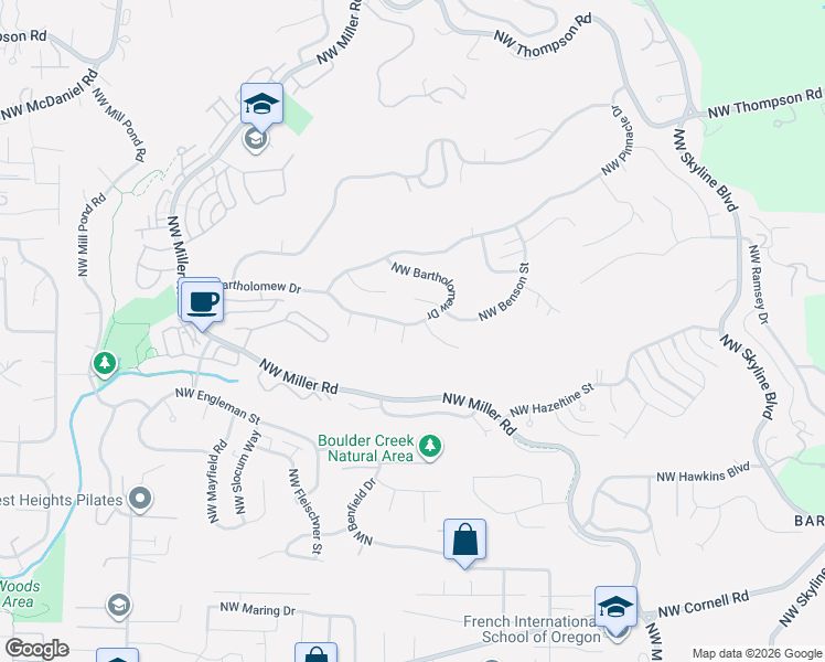 map of restaurants, bars, coffee shops, grocery stores, and more near 1919 Northwest Runnymeade Court in Portland