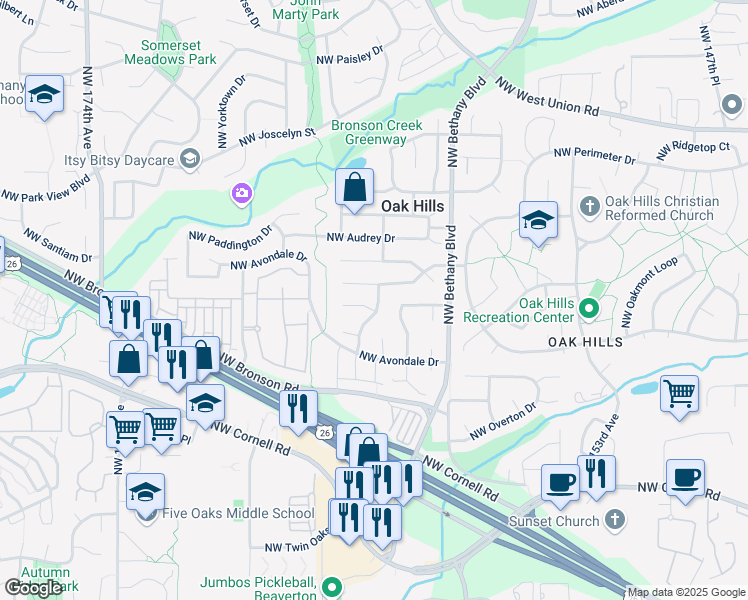 map of restaurants, bars, coffee shops, grocery stores, and more near 16180 Northwest Barkton Court in Beaverton