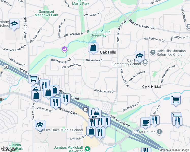 map of restaurants, bars, coffee shops, grocery stores, and more near 16180 Northwest Barkton Court in Beaverton