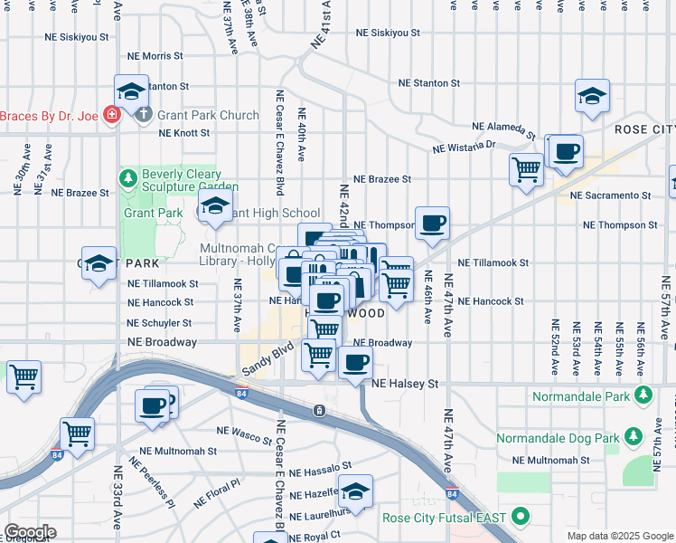 map of restaurants, bars, coffee shops, grocery stores, and more near 1925 Northeast 42nd Avenue in Portland