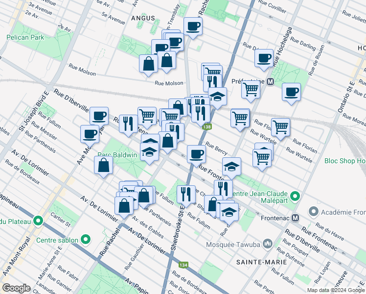 map of restaurants, bars, coffee shops, grocery stores, and more near 3454 Avenue Gascon in Montréal