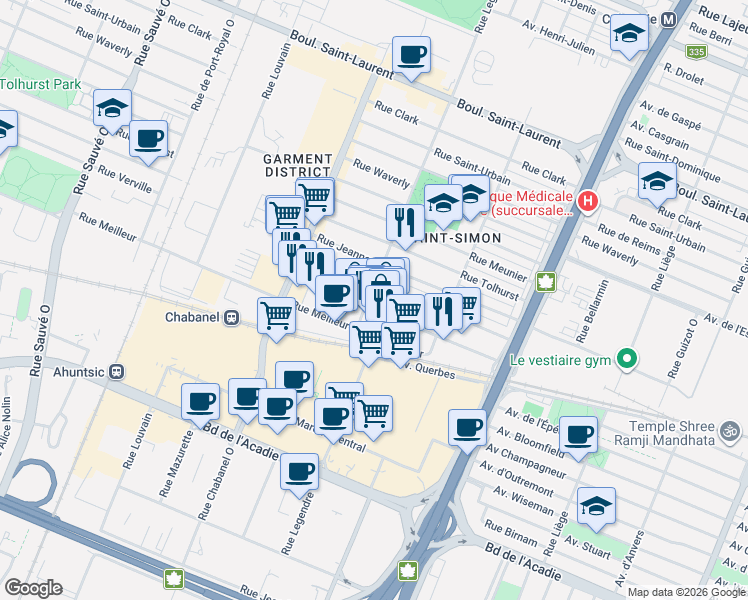 map of restaurants, bars, coffee shops, grocery stores, and more near 410 Rue Legendre Ouest in Montréal