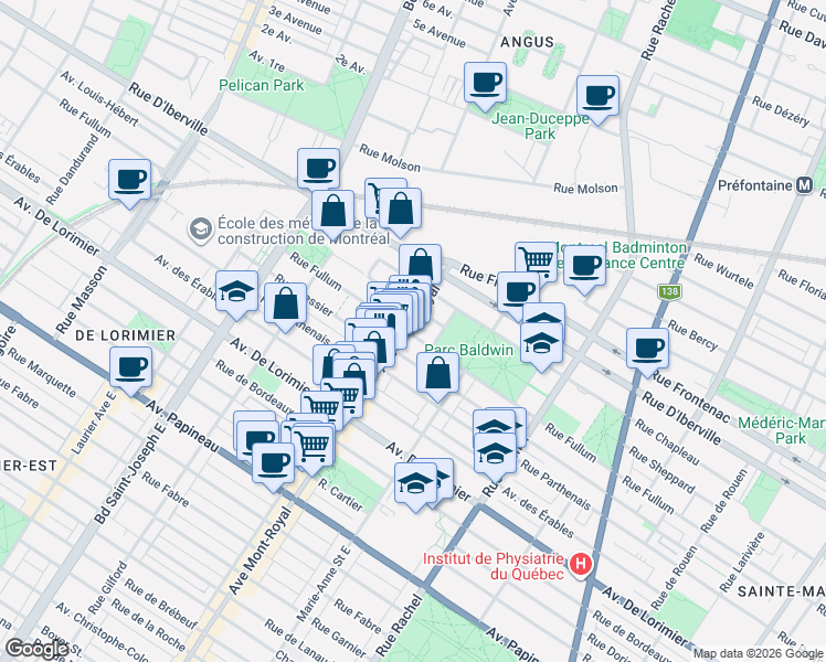 map of restaurants, bars, coffee shops, grocery stores, and more near 2300 Avenue du Mont-Royal Est in Montréal