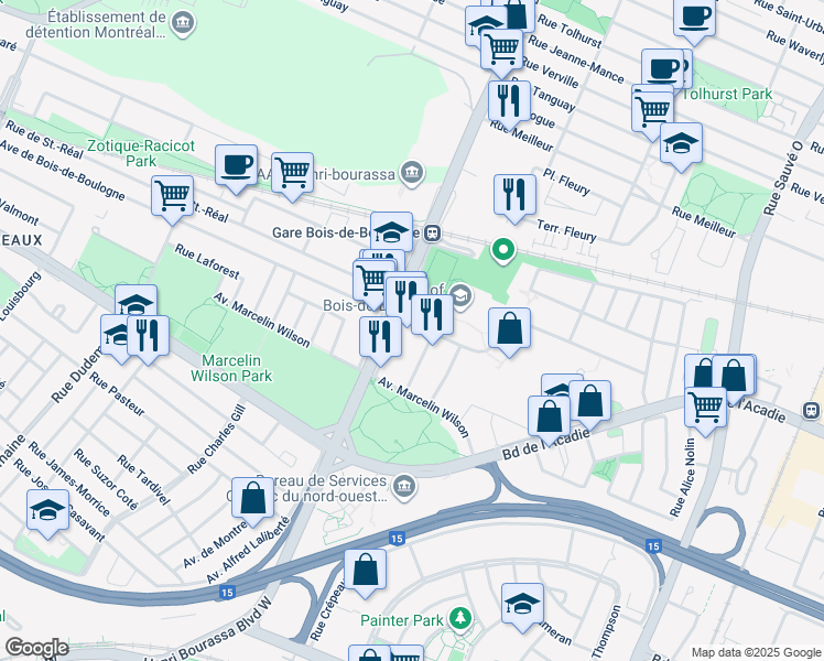 map of restaurants, bars, coffee shops, grocery stores, and more near in Montreal