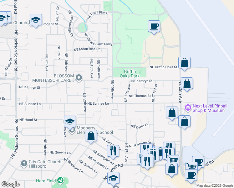 map of restaurants, bars, coffee shops, grocery stores, and more near 1560 Northeast Thomas Street in Hillsboro