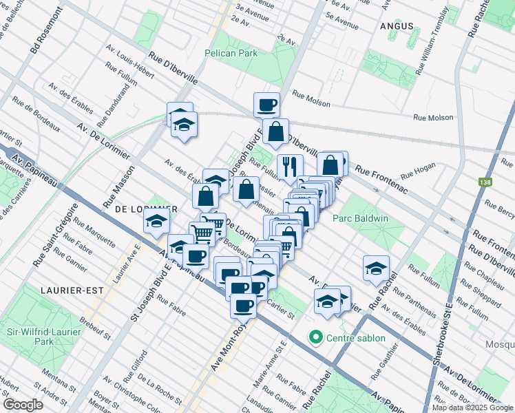 map of restaurants, bars, coffee shops, grocery stores, and more near 4728 Rue Parthenais in Montréal