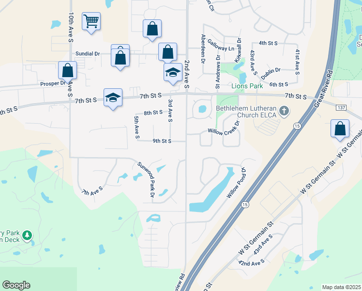 map of restaurants, bars, coffee shops, grocery stores, and more near 210 9th Street South in Waite Park