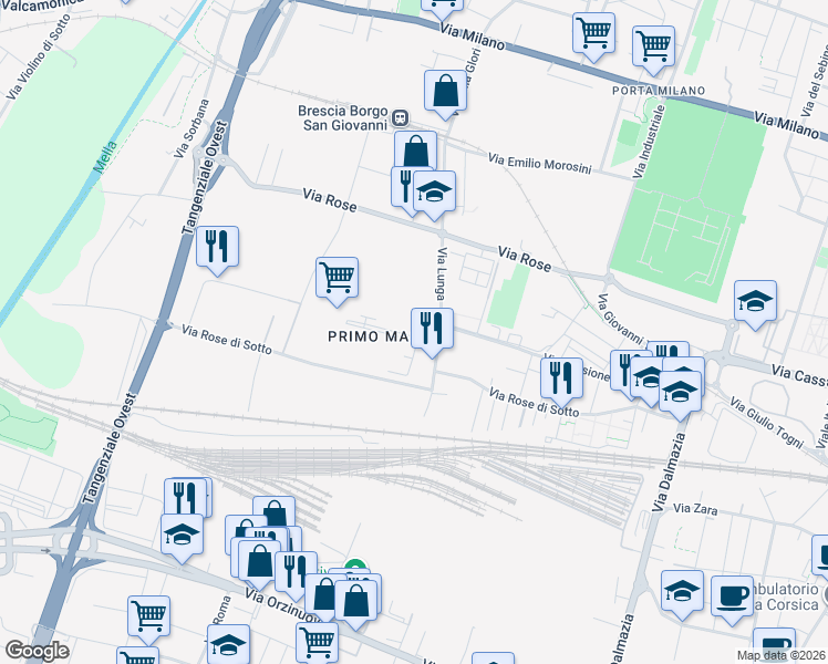 map of restaurants, bars, coffee shops, grocery stores, and more near 16A Via Lunga in Brescia