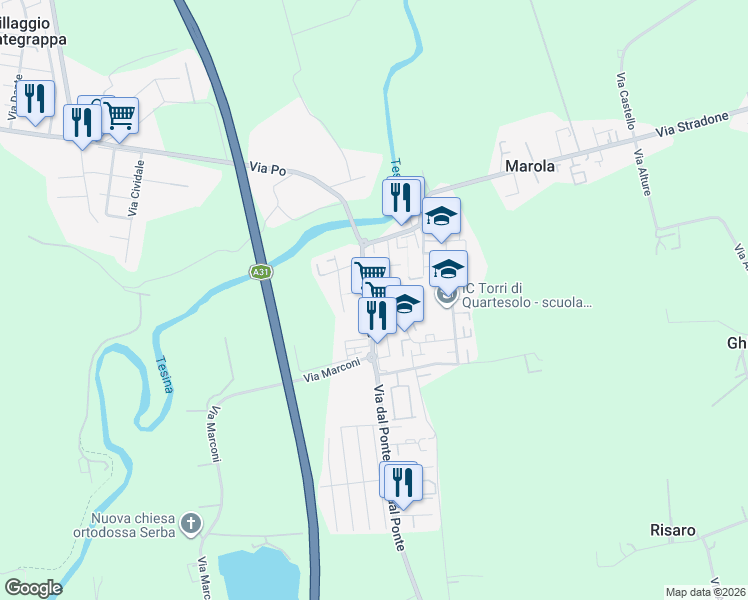 map of restaurants, bars, coffee shops, grocery stores, and more near 191 Via dal Ponte in Marola