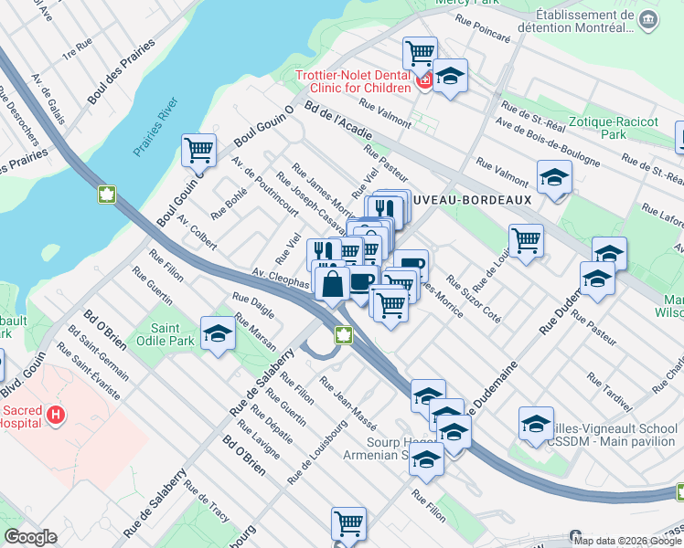 map of restaurants, bars, coffee shops, grocery stores, and more near 12035 Place Cleophas Soucy in Montréal