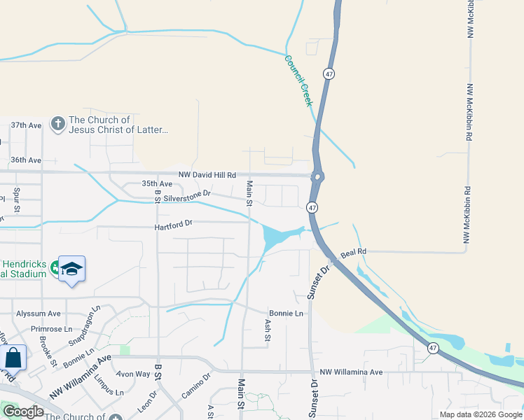 map of restaurants, bars, coffee shops, grocery stores, and more near 2032 Silverstone Drive in Forest Grove