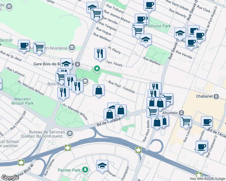 map of restaurants, bars, coffee shops, grocery stores, and more near 10259 Avenue de Bois-de-Boulogne in Montrã©Al