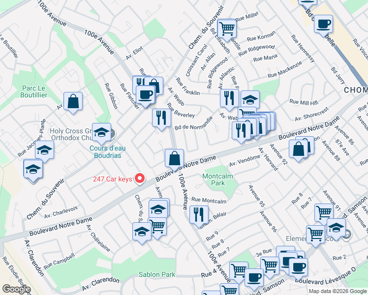 map of restaurants, bars, coffee shops, grocery stores, and more near 964 Avenue d'Alençon in Laval
