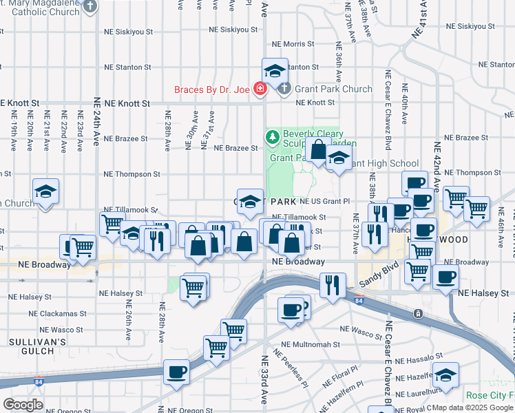 map of restaurants, bars, coffee shops, grocery stores, and more near 3266 Northeast US Grant Place in Portland