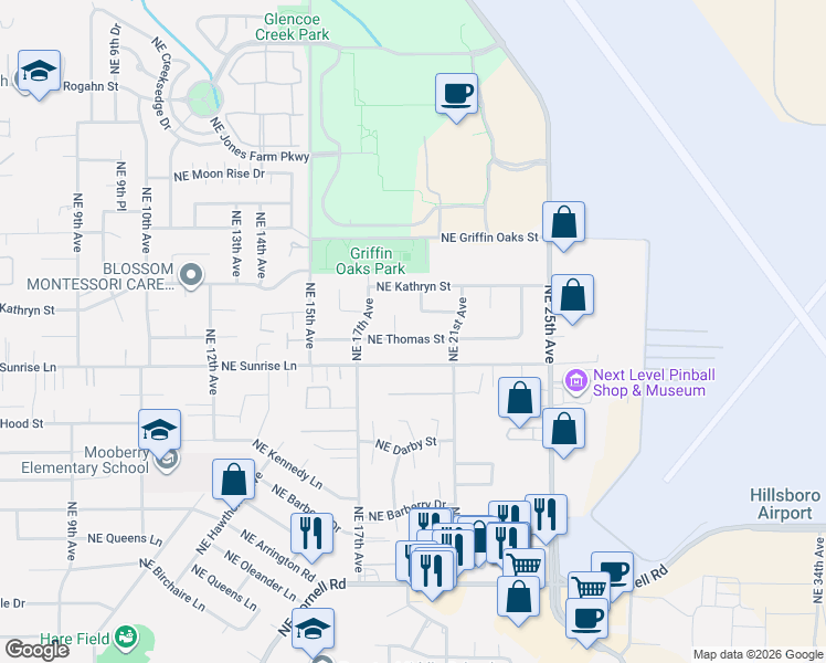 map of restaurants, bars, coffee shops, grocery stores, and more near 1927 Northeast Thomas Street in Hillsboro