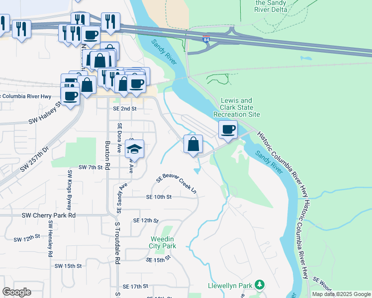 map of restaurants, bars, coffee shops, grocery stores, and more near 840 East Historic Columbia River Highway in Troutdale