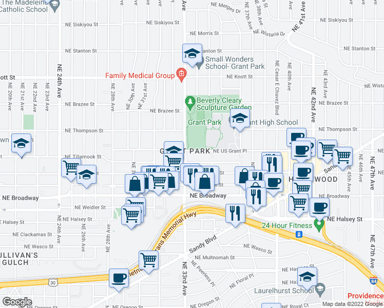 map of restaurants, bars, coffee shops, grocery stores, and more near 3324 Northeast US Grant Place in Portland