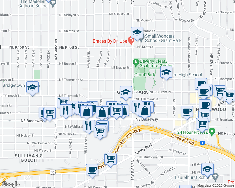 map of restaurants, bars, coffee shops, grocery stores, and more near 3214 Northeast US Grant Place in Portland