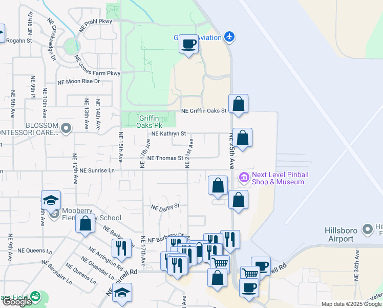 map of restaurants, bars, coffee shops, grocery stores, and more near 1633 Northeast 21st Avenue in Hillsboro
