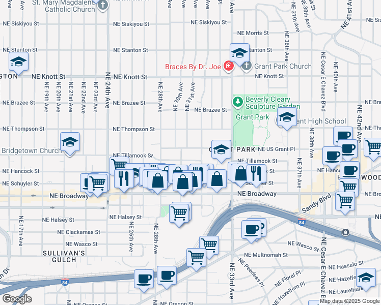 map of restaurants, bars, coffee shops, grocery stores, and more near 3104 Northeast US Grant Place in Portland
