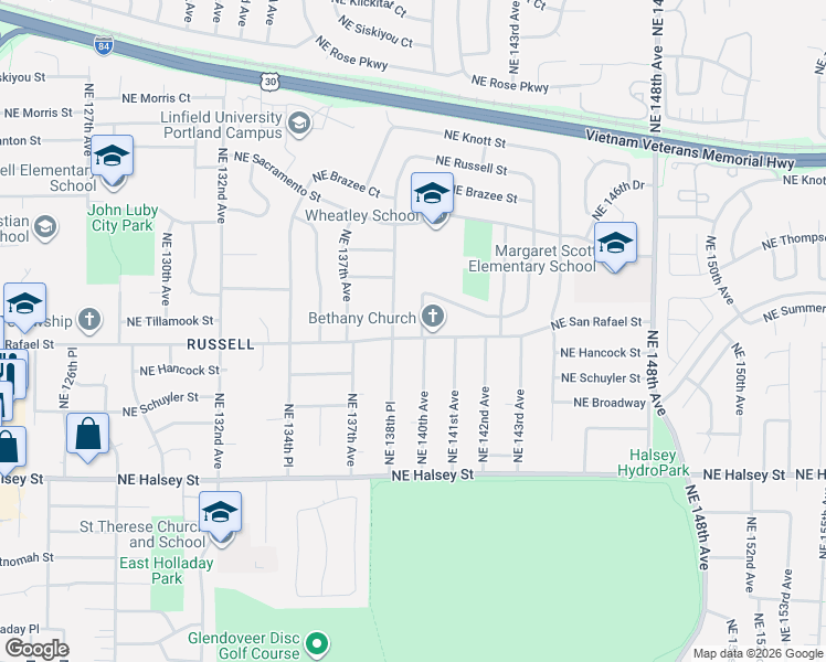 map of restaurants, bars, coffee shops, grocery stores, and more near 13949 Northeast San Rafael Street in Portland
