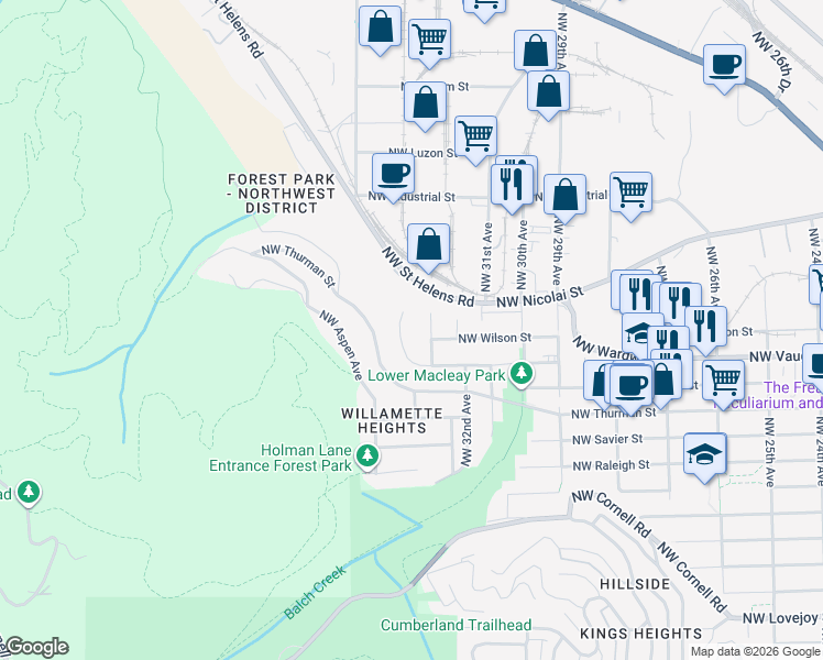 map of restaurants, bars, coffee shops, grocery stores, and more near 2021 Northwest 33rd Avenue in Portland